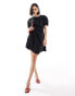 ASOS DESIGN cupro puff sleeve mini smock dress with ruching detail in black Черный, 44 - фото #3