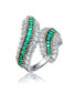 Фото #1 товара Sterling Silver Rhodium Plated with Emerald Cubic Zirconia Bypass Ring