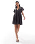 ASOS DESIGN v neck rolled up short sleeve with embroidery mini dress in charcoal wash