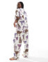 Chelsea Peers Exclusive Curve cotton tonal leopard print button short sleeve top and trouser pyjama set in off white