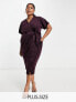 Closet London Plus kimono sleeve velvet midi dress with wrap tie in plum