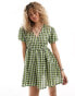 Daisy Street wrap front smock dress in textured green check