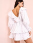 ASOS LUXE denim ruffle plunge tiered mini dress with diamante buttons in white