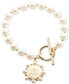 Gold-Tone Logo Coin Imitation Pearl Flex Bracelet