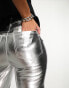 New Look faux leather straight leg trousers in silver Серебристый, 34 - фото #3