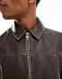 ASOS DESIGN Premium real leather oversized distressed harrington jacket in brown