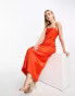 Pieces satin midi dress in coral red