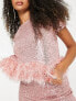 Jaded Rose Tall short sleeve t-shirt with faux feather trim in pink sequin co-ord