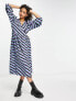 Pieces puff sleeve wrap midi dress in multi stripe