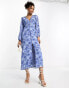 Vila v neck button through maxi dress in blue floral