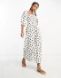 Фото #4 товара ASOS DESIGN linen look shirred bodice puff sleeve jumpsuit in mono spot print