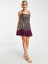 ASOS DESIGN cami mini dress with artwork embellishment and ruffle hem in plum