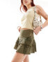 COLLUSION cotton crinkle flippy mini skirt with ribbon detail in washed khaki