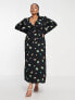 Фото #4 товара ASOS DESIGN Curve ruched front button up wrap shirt midi dress in black floral print