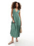 Фото #1 товара ASOS DESIGN v-neck crinkle midi sundress with tiered skirt in khaki