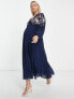 ASOS DESIGN Maternity v front baby doll pleated embroidered midi dress in navy