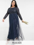 Maya Plus Bridesmaid long sleeve maxi tulle dress with tonal delicate sequin in navy