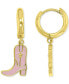 ფოტო #1 პროდუქტის Pink Enamel Cowboy Boot Dangle Hoop Drop Earrings in 14k Gold-Plated Sterling Silver