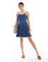 River Island button through denim mini dress in darkwash blue Синий, 38 - фото #1