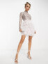 Фото #1 товара ASOS DESIGN high neck sequin faux feather trim mini dress in silver