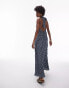 Topshop halterneck ruched front textured maxi dress in blue check