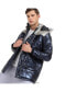 Men's Blue & Beige Zip-Front Puffer Jacket With Fur Detail