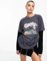 Daisy Street relaxed double layer t-shirt with boston graphic in grey and black