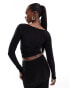 Kaiia square neck contrast bow detail long sleeve top co-ord in black