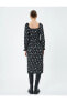 Фото #4 товара Çiçekli Midi Elbise Uzun Kollu Yırtmaç Detaylı U Yaka Önü Bağlama Detaylı