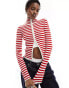 Фото #1 товара Monki cropped knitted cardigan with front zip in red and beige stripes