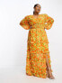 Фото #1 товара Pretty Lavish Curve shirred waist maxi dress in orange and yellow floral