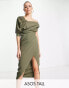 Фото #2 товара ASOS DESIGN Tall draped bodice cut out midi dress in khaki