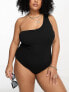 Фото #3 товара Simply Be crinkle one shoulder swimsuit with matching scrunchie in black