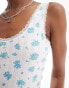 Monki pointelle scoop neck vest top with lace trim in off white and blue floral print