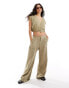 Фото #1 товара Pull&Bear wide leg linen trouser co-ord with raw hem in light khaki