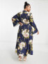 ASOS DESIGN Curve bias cut satin wrap dress with tie waist in navy floral print