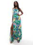 True Violet satin one shoulder slip maxi dress in abstract print