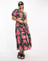 Moon River one shoulder tiered midi dress in black and pink floral Schwarz-Bunt, XS - фото #3