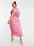 Фото #2 товара ASOS DESIGN Curve ruched side button cap sleeve satin maxi dress in pink based floral print