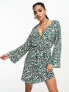 Фото #1 товара I Saw It First flared sleeve tie waist mini dress in green zebra