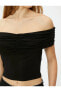 Madonna Yaka Tişört Crop Drape Detaylı Viskoz Kumaş Slim Fit