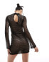 Фото #8 товара ASOS DESIGN grid mesh long sleeve mini dress with keyhole collar in black