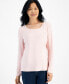 ფოტო #1 პროდუქტის Petite Scoop-Neck Long-Sleeve Cotton Top, Created for Macy's