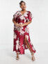 ASOS DESIGN Curve satin batwing midi dress with vintage floral artwork in red