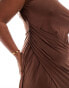 ASOS DESIGN Curve high neck pleated maxi dress with drape wrap skirt in chocolate