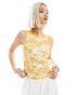 Daisy Street fitted vest in retro yellow with hibiscus flower