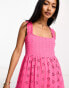 ASOS DESIGN square neck broderie tiered maxi dress in hot pink Розовый, 36 - фото #3