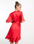 Фото #4 товара Flounce London wrap front mini satin dress with flutter sleeves in red