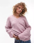 Topshop knitted long line v neck boucle jumper in pink