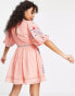 Фото #4 товара ASOS DESIGN Petite high neck dobby embroidered mini dress with lace trims in pink